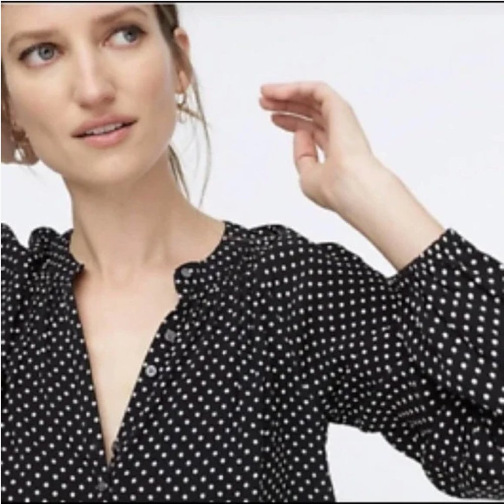 J CREW Long Sleeve drapey popover top black/white polka dots XL